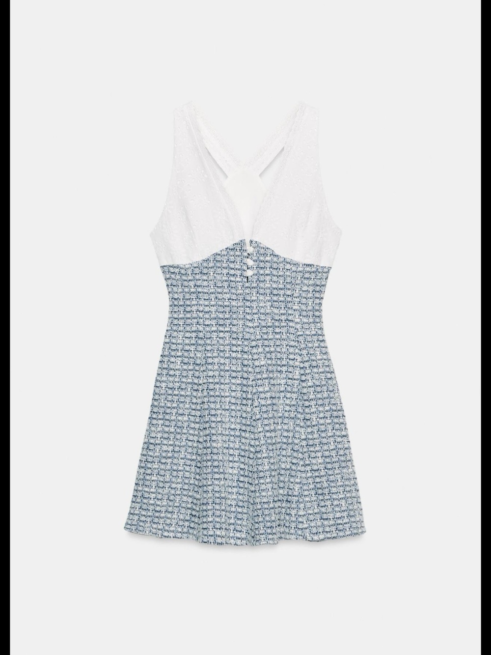 Zara White Bodice with Light Blue Tweed Fit-and-Flare Dress